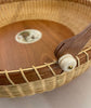 #112.     15” tray w/handle, scrim of birds & shells on eco ivory.