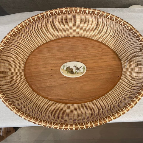 #2504 16 “ oval tray w/Corian disk scrim of basket/shore birds